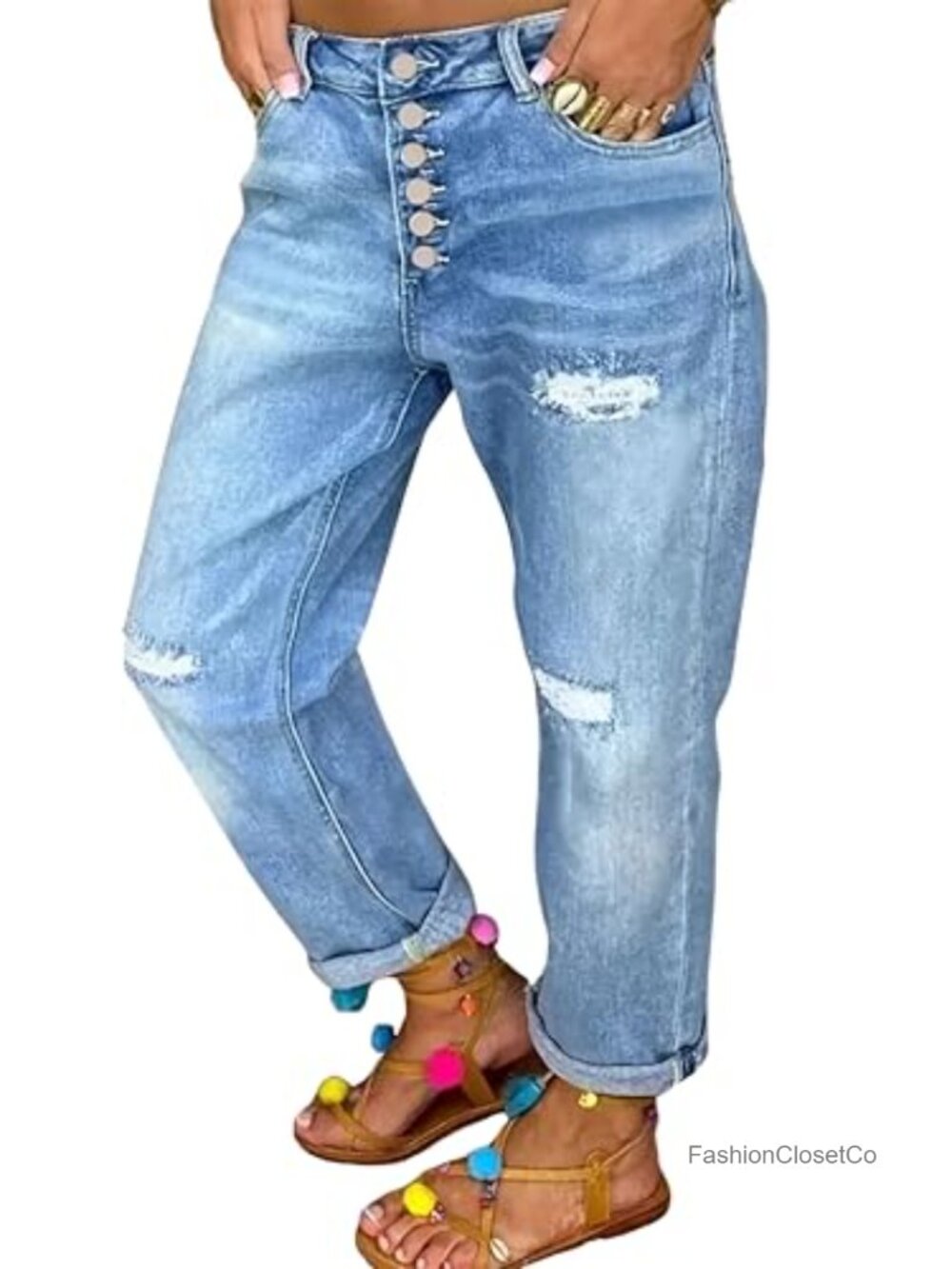 Women's Distressed Boyfriend Jeans High Waisted Button Fly Relaxed Fit Straight